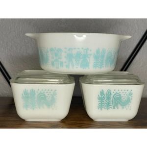 Set of 3 Vintage Pyrex Turquoise Amish Butterprint Dishes #472 #501